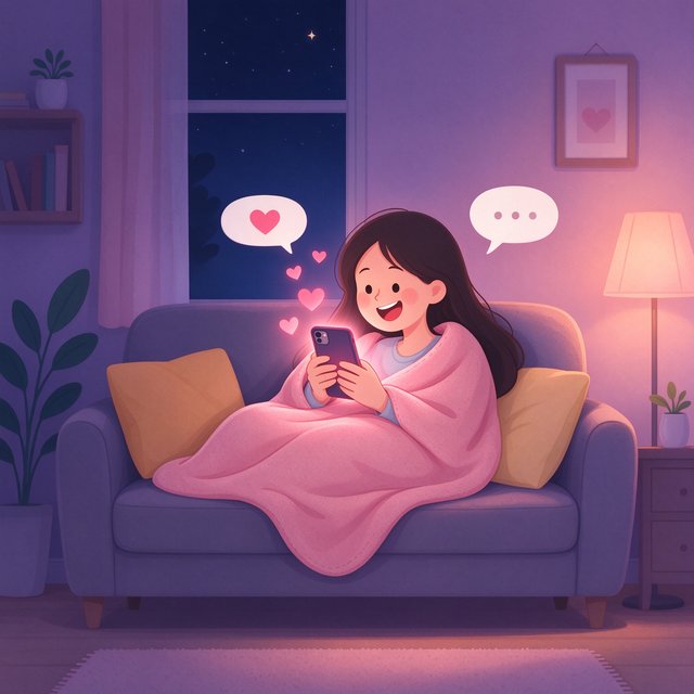 talkmaker产品介绍插画，女孩夜晚窝在沙发与AI陪伴聊天